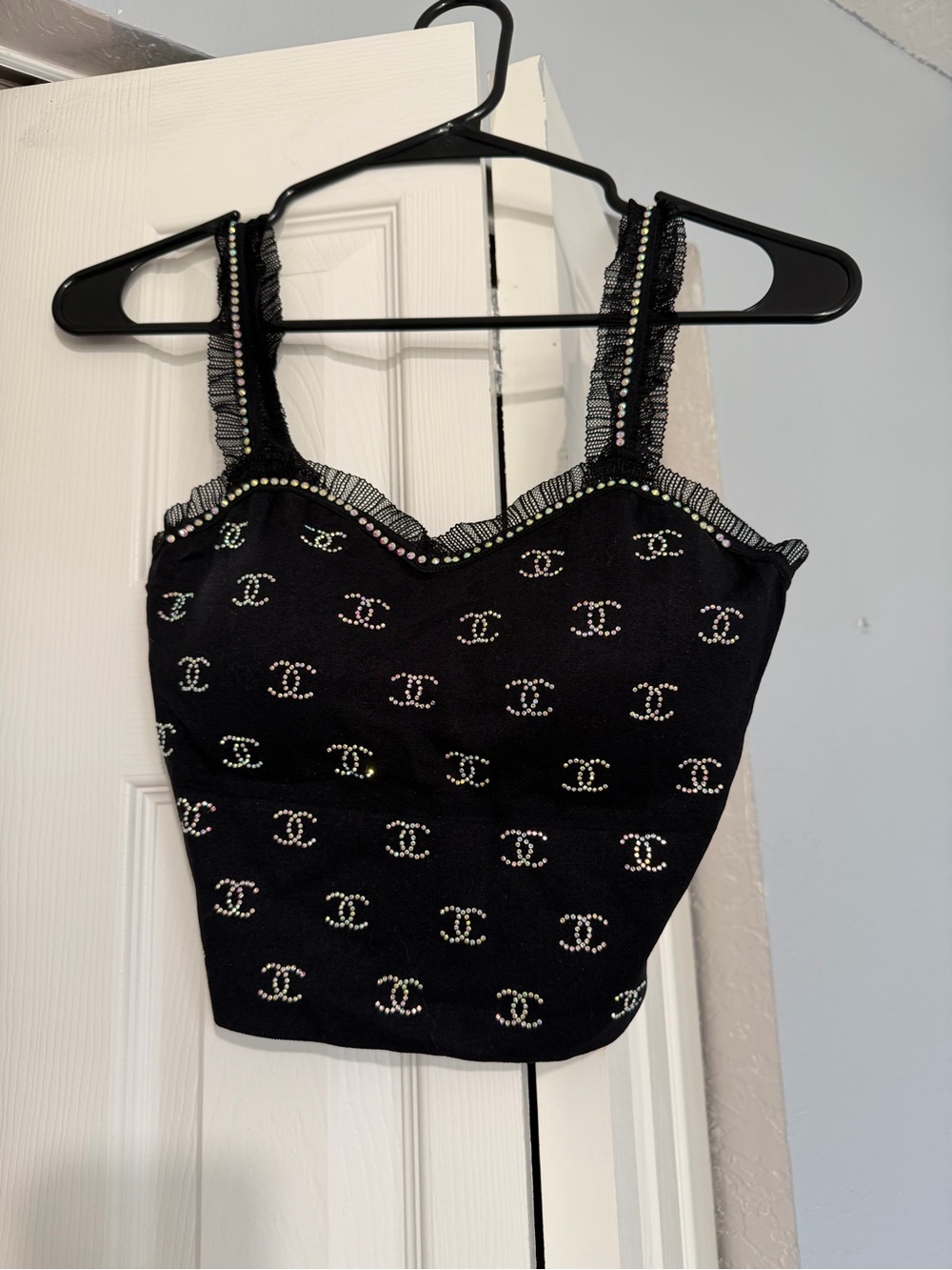 Black Rhinestone CC Logo Crop Top Size S-M